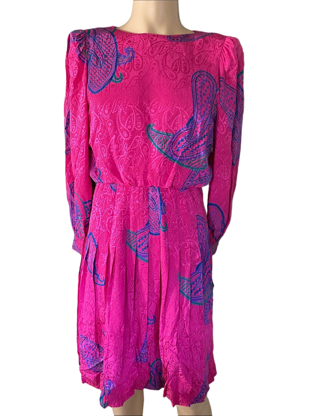 Lillie Rubin Vintage Silk Fuchsia Paisley Long-Sleeve Midi Dress